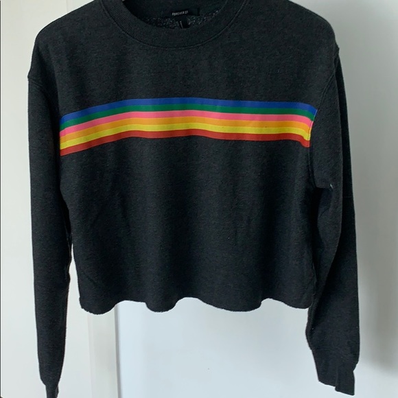 grey sweatshirt with rainbow stripes